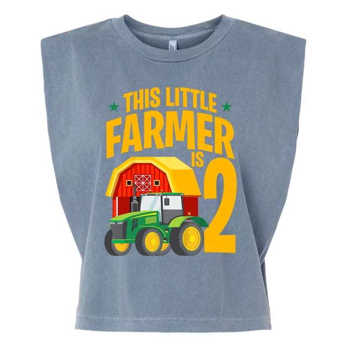 2nd Birthday This Little Farmer Is 2 Year Old Tractor Garment-Dyed Women's Muscle Tee