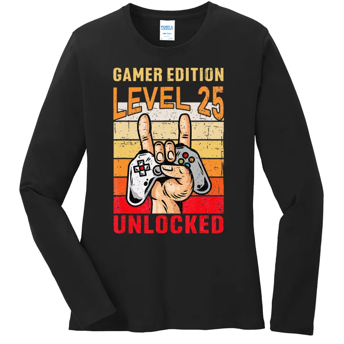 25Th Birthday Video Gamer Edition Level 25 Unlocked Ladies Long Sleeve Shirt