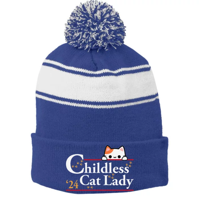 2024 Childless Cat Lady For President Stripe Pom Pom Beanie