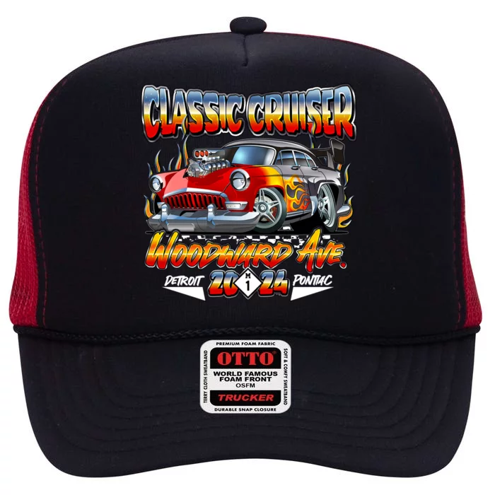 2024 Classic Cruiser Red Muscle Car Detroit To Pontiac High Crown Mesh Trucker Hat