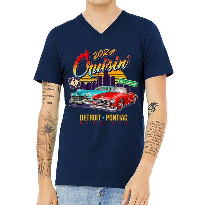 2024 Cruisin Woodward Ave Cruise Detroit To Pontiac Classic Cars V-Neck T-Shirt