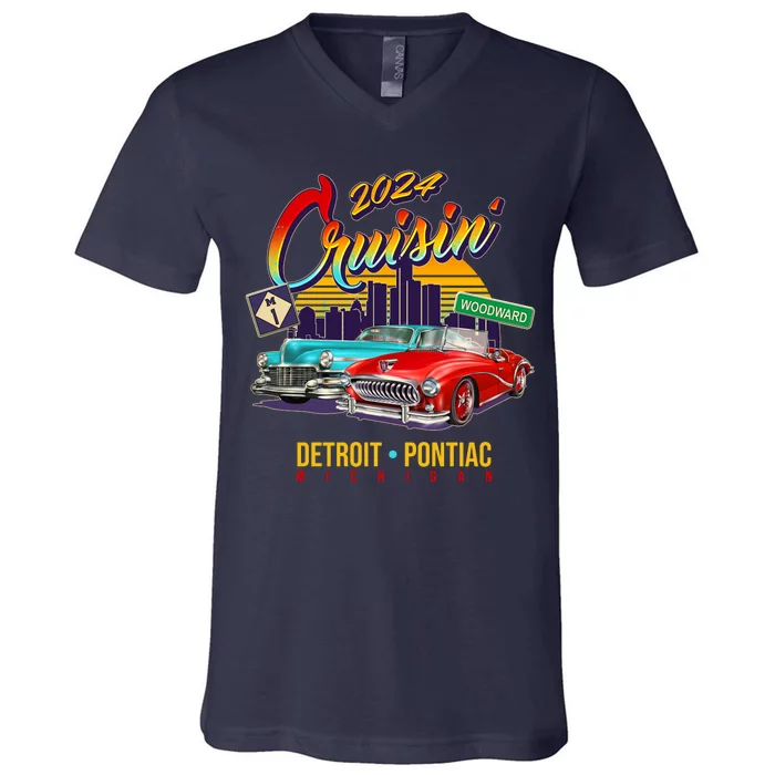 2024 Cruisin Woodward Ave Cruise Detroit To Pontiac Classic Cars V-Neck T-Shirt