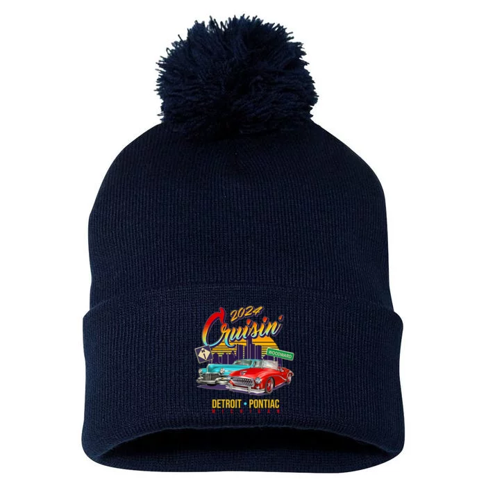 2024 Cruisin Woodward Ave Cruise Detroit To Pontiac Classic Cars Pom Pom 12in Knit Beanie