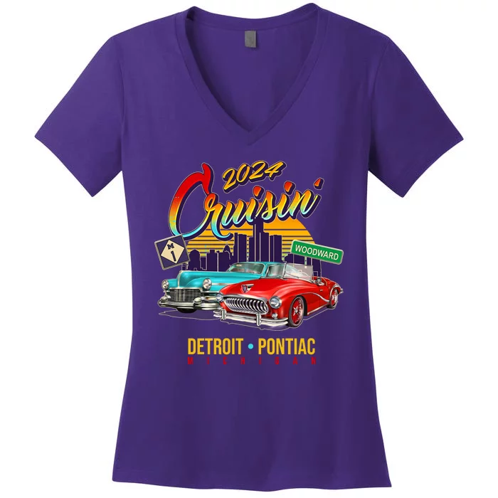 2024 Cruisin Woodward Ave Cruise Detroit To Pontiac Classic Cars Women's V-Neck T-Shirt