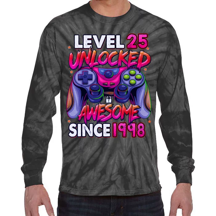 25th Gaming Birthday gift Level 25 Unlocked Awesome Video Game 1998 Birthday Tie-Dye Long Sleeve Shirt