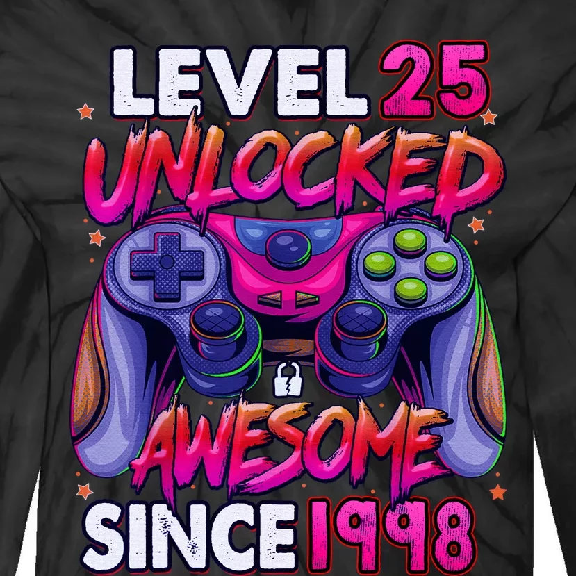 25th Gaming Birthday gift Level 25 Unlocked Awesome Video Game 1998 Birthday Tie-Dye Long Sleeve Shirt