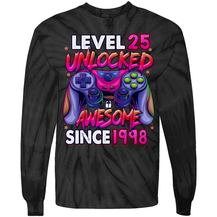 25th Gaming Birthday gift Level 25 Unlocked Awesome Video Game 1998 Birthday Tie-Dye Long Sleeve Shirt