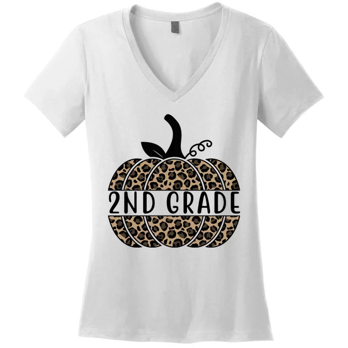 2nd Grade Leopard Pumpkin Women's V-Neck T-Shirt