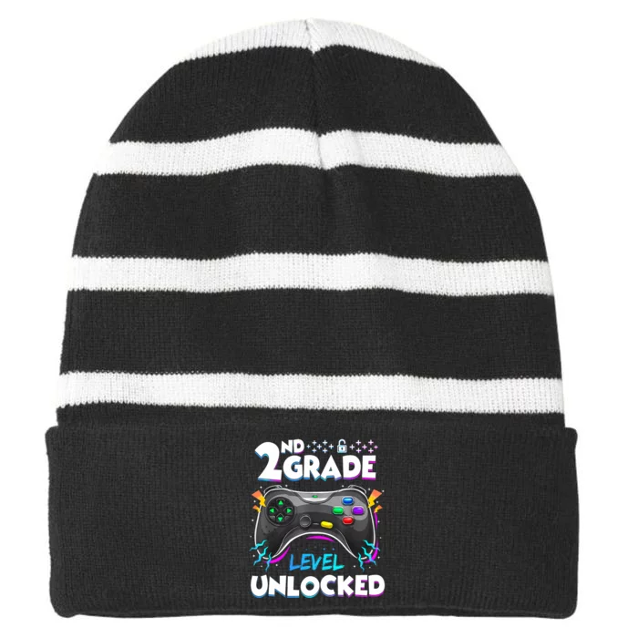 2nd Grade Level Unlocked Back To School First Day Gamer Boy Striped Beanie with Solid Band