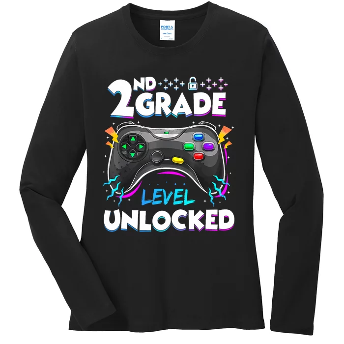 2nd Grade Level Unlocked Back To School First Day Gamer Boy Ladies Long Sleeve Shirt