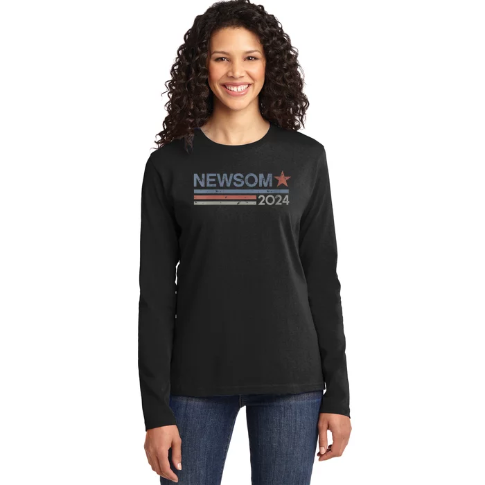 2024 Gavin Newsom For President Retro Vintage Star Stripes Ladies Long Sleeve Shirt