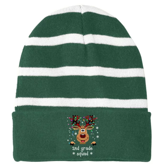 2nd Grade Squad Reindeer Christmas Striped Beanie with Solid Band