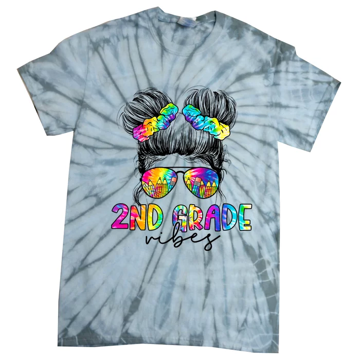 2nd Grade Vibes Messy Hair Bun Girl Back To School First Day Of Second Grade Tie-Dye T-Shirt