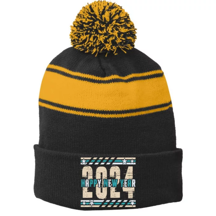 2024 Happy New Year Celebration Stripe Pom Pom Beanie