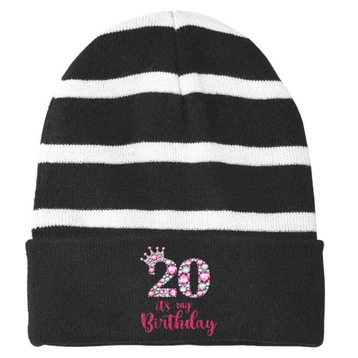 20 It's My Birthday 20th Birthday 20 Years Old Bday Striped Beanie with Solid Band