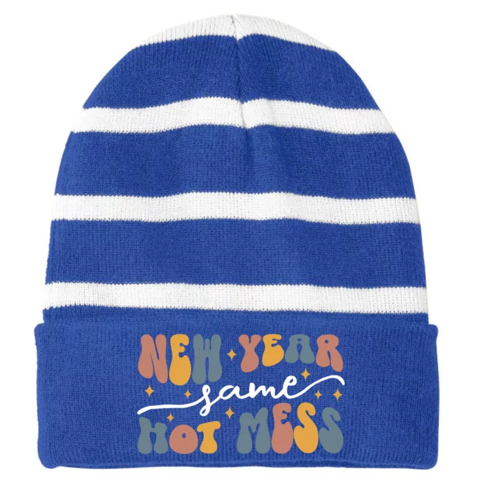 2024 New Year Same Hot Mess Party 2024 Happy New Year Funny Gift Striped Beanie with Solid Band