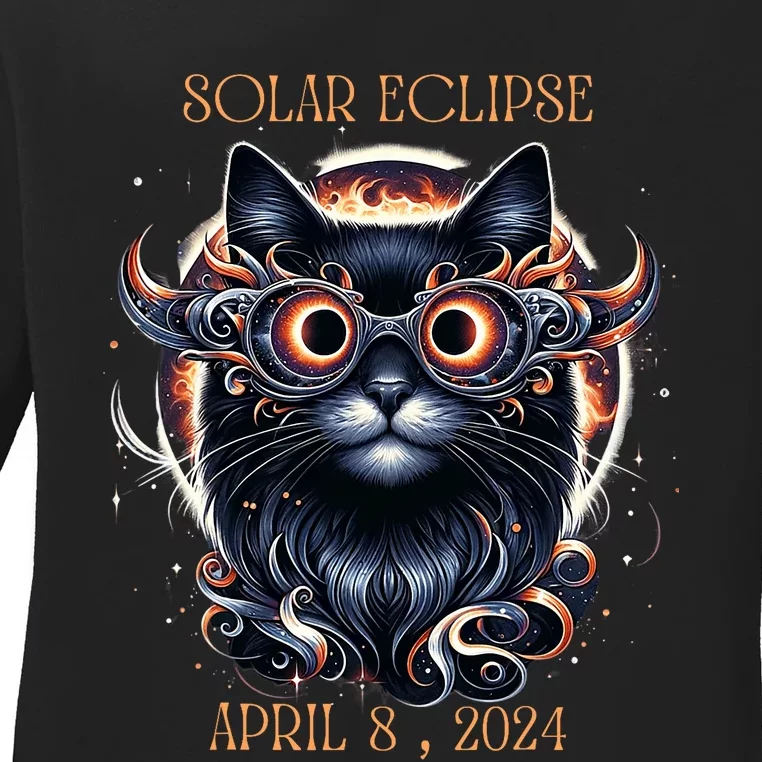 2024 Solar Eclipse Fantasy Cat Wearing Solar Eclipse Glasses Ladies Long Sleeve Shirt