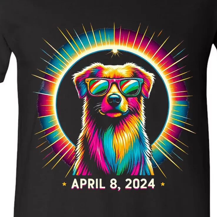 2024 Solar Eclipse dog Wearing Solar Eclipse Glasses V-Neck T-Shirt