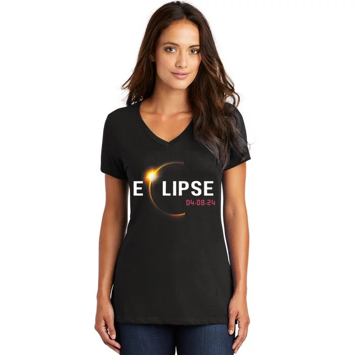 2024 Solar Eclipse 2024 04.08.24 Eclipse Women's V-Neck T-Shirt