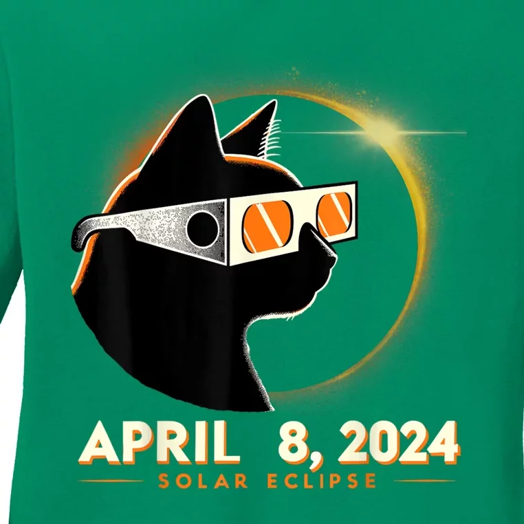 2024 Solar Eclipse Cat Wearing Solar Eclipse Glasses Ladies Long Sleeve Shirt