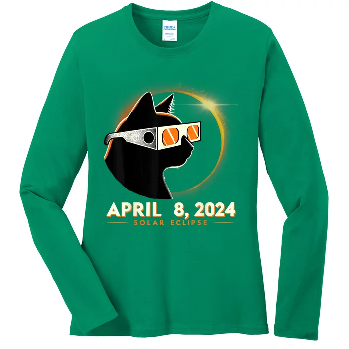 2024 Solar Eclipse Cat Wearing Solar Eclipse Glasses Ladies Long Sleeve Shirt