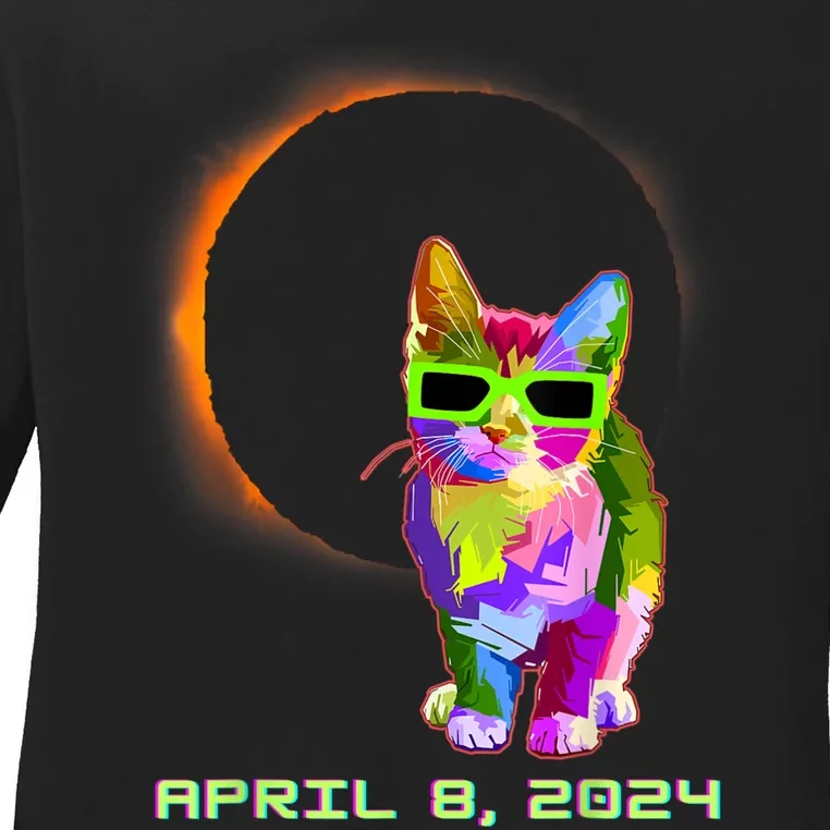 2024 Solar Eclipse Cat Wearing Solar Eclipse Glasses Ladies Long Sleeve Shirt