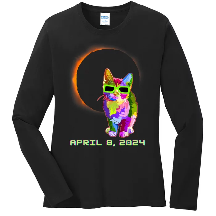 2024 Solar Eclipse Cat Wearing Solar Eclipse Glasses Ladies Long Sleeve Shirt