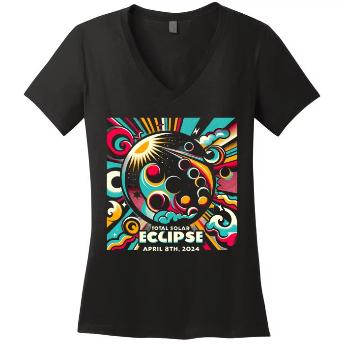 2024 Solar Eclipse 2024 04.08.24 Eclipse Design Women's V-Neck T-Shirt