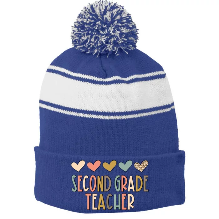 2Nd Second Grade Teacher Heart Love Back To School Teacher Gift Stripe Pom Pom Beanie