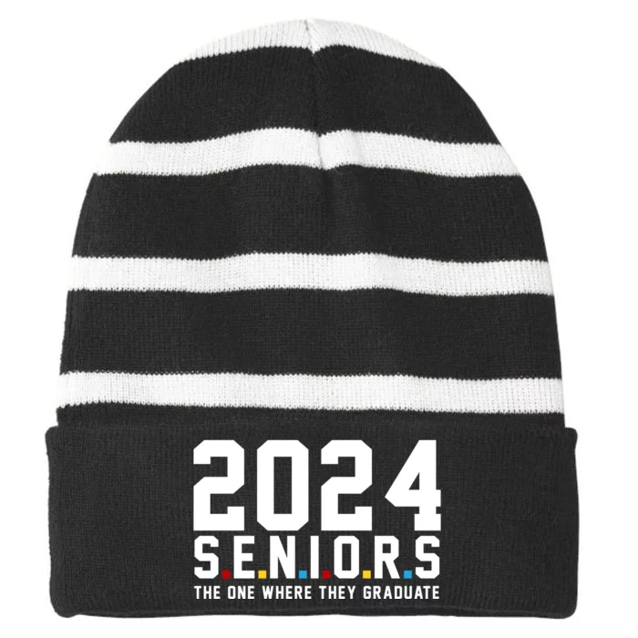 2024 Seniors The One Where They Graduated Striped Beanie with Solid Band