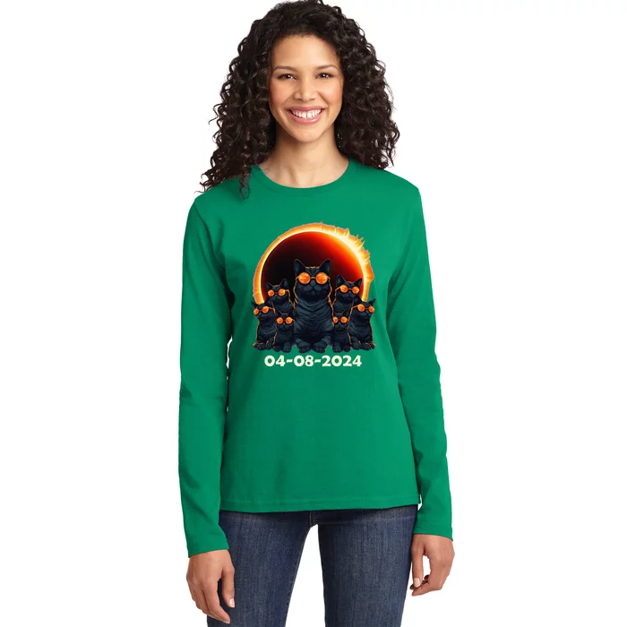 2024 Total Solar Eclipse Cat Matching Family or Friends Ladies Long Sleeve Shirt