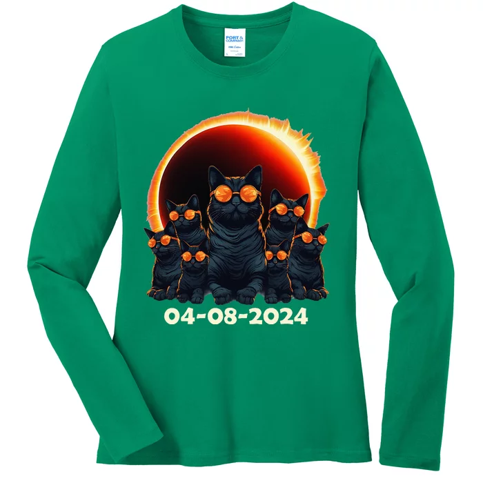 2024 Total Solar Eclipse Cat Matching Family or Friends Ladies Long Sleeve Shirt