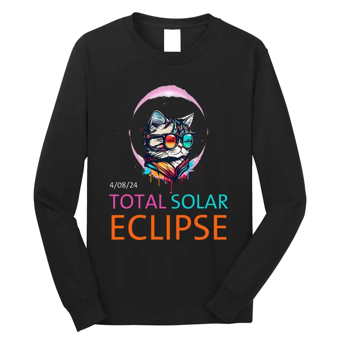 2024 Total Solar Eclipse Cat Wearing Solar Eclipse Glasses Long Sleeve Shirt