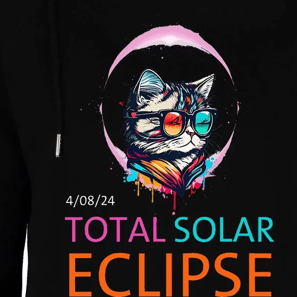 2024 Total Solar Eclipse Cat Wearing Solar Eclipse Glasses Womens Funnel Neck Pullover Hood