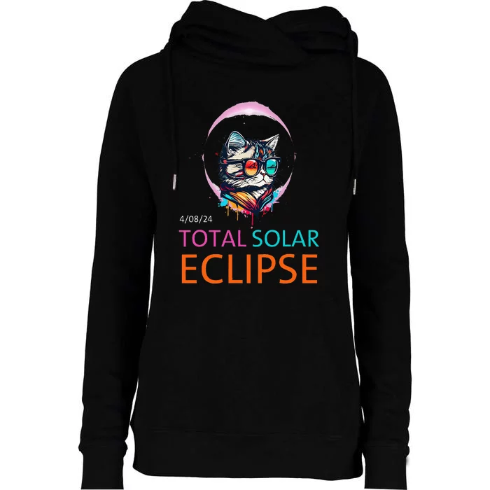 2024 Total Solar Eclipse Cat Wearing Solar Eclipse Glasses Womens Funnel Neck Pullover Hood