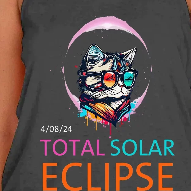 2024 Total Solar Eclipse Cat Wearing Solar Eclipse Glasses Women's Knotted Racerback Tank