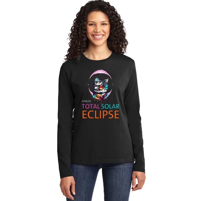 2024 Total Solar Eclipse Cat Wearing Solar Eclipse Glasses Ladies Long Sleeve Shirt