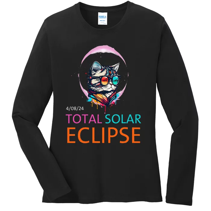 2024 Total Solar Eclipse Cat Wearing Solar Eclipse Glasses Ladies Long Sleeve Shirt