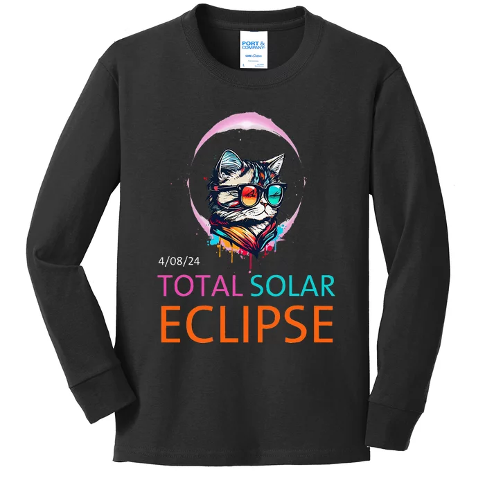 2024 Total Solar Eclipse Cat Wearing Solar Eclipse Glasses Kids Long Sleeve Shirt