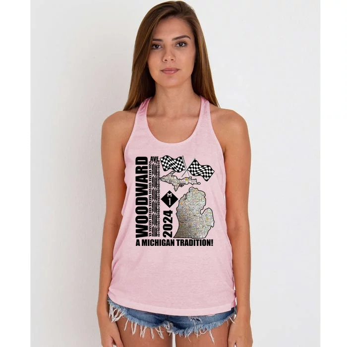 2024 Woodward Ave A Michigan Tradition Map Women's Knotted Racerback Tank