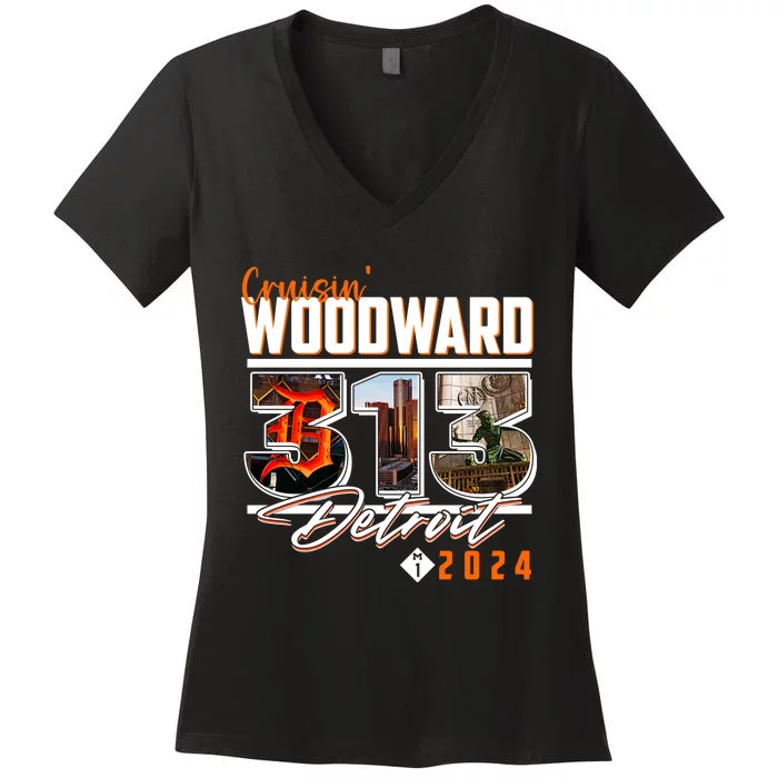 2024 Woodward Ave 313 Cruising Detroit Women's V-Neck T-Shirt