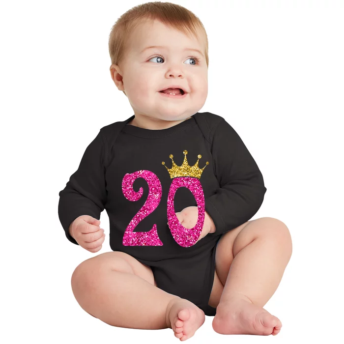 20 Year Old Gifts 20th Birthday Queen Girls crown Pink Baby Long Sleeve Bodysuit