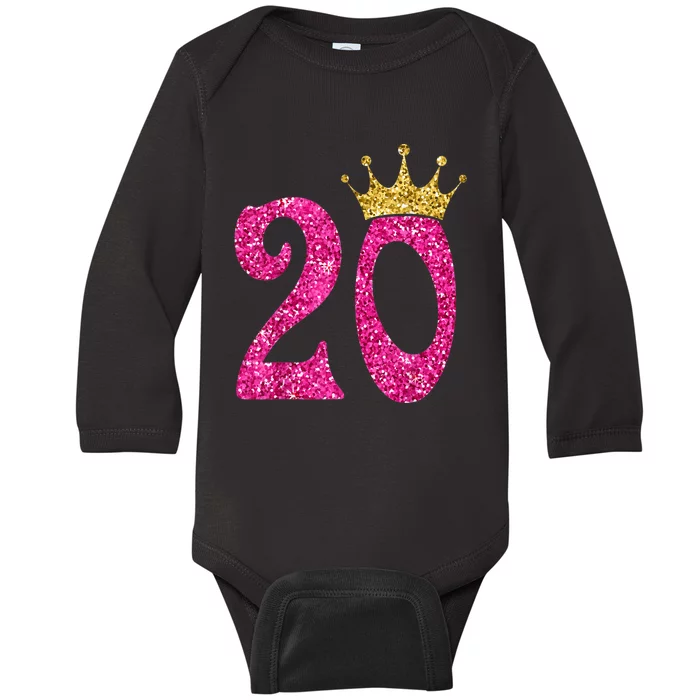 20 Year Old Gifts 20th Birthday Queen Girls crown Pink Baby Long Sleeve Bodysuit