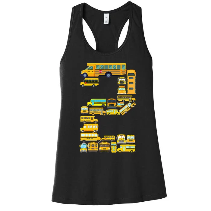 2 Year Old 2nd Birthday School Bus Theme Kids Party Women's Racerback Tank