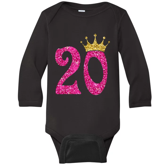 20 Year Old Gifts 20th Birthday Queen crown Pink Baby Long Sleeve Bodysuit