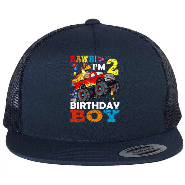 2 Year Old Gift 2nd Birthday Boy Dinosaur Monster Truck Great Gift Flat Bill Trucker Hat