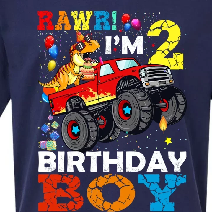 2 Year Old Gift 2nd Birthday Boy Dinosaur Monster Truck Great Gift Sueded Cloud Jersey T-Shirt