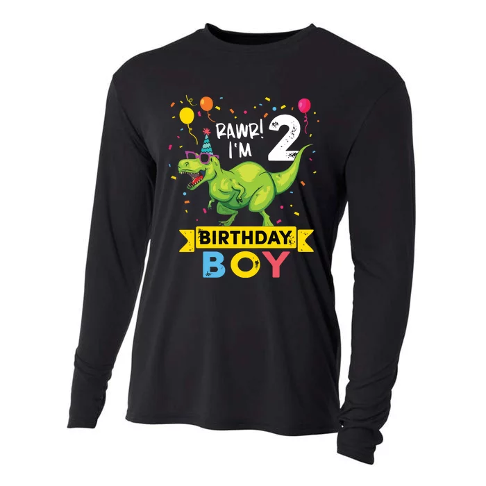 2 Year Old 2nd Birthday T Rex Dinosaur Cooling Performance Long Sleeve Crew