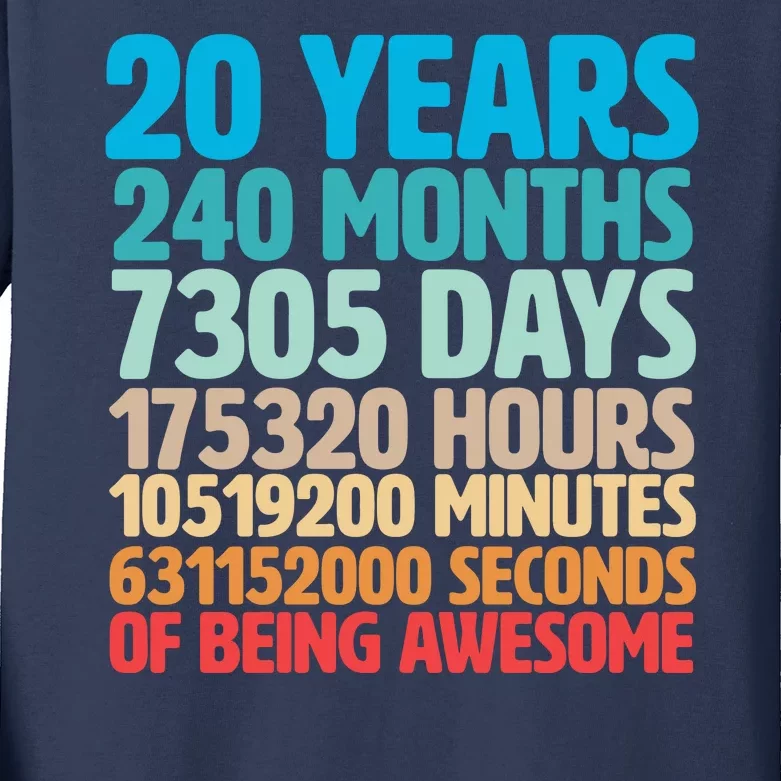 20 Years Of Being Awesome 20th Birthday Time Breakdown Kids Long Sleeve Shirt