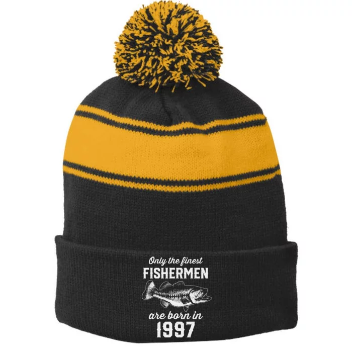 26 Year Old Fisherman Fishing 1997 26th Birthday Cute Stripe Pom Pom Beanie